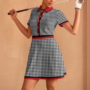 Stylish Houndstooth Dress with Red Accents